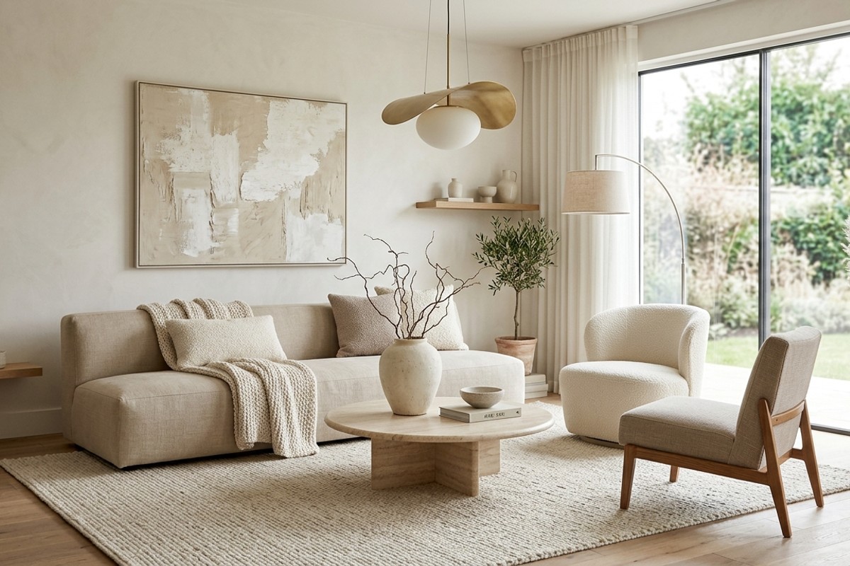 Monochromatic minimalist living room with cream/beige sofa, accent chairs, sculptural lighting, abstract art, and oversized ceramics.
