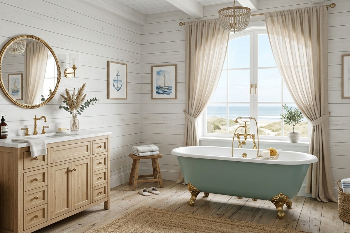 Coastal chic luxury bathroom with whitewashed shiplap, light oak floors, and a seafoam green clawfoot tub