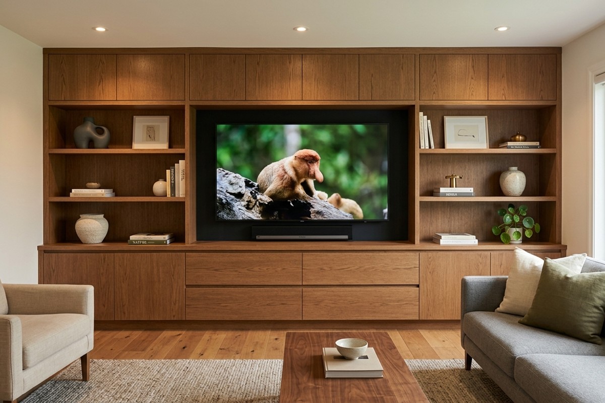 Living room built-in media console made of warm stained oak with hidden storage and integrated shelving.
