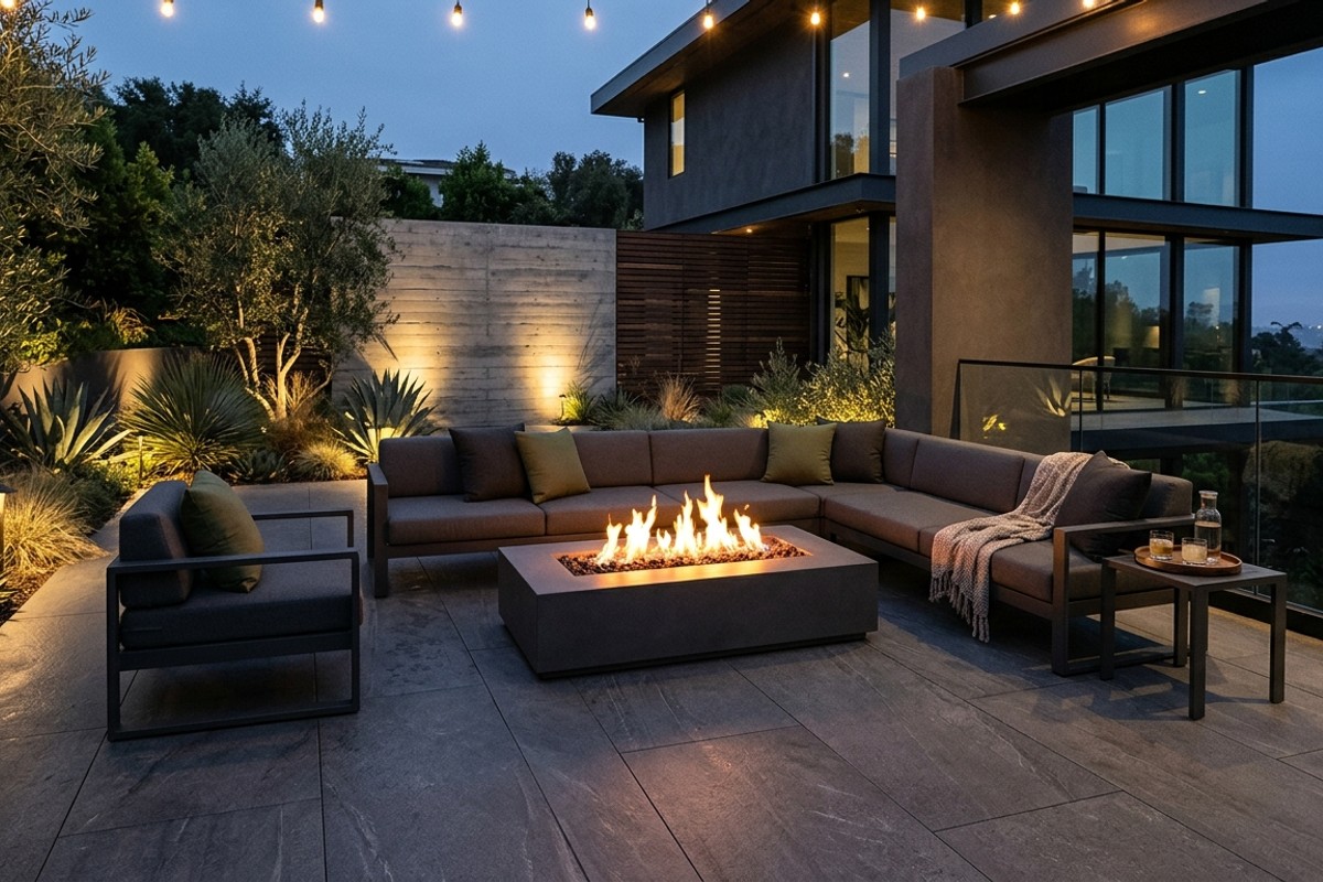 Modern minimalist deck lounge with large porcelain pavers, low-profile furniture, and a linear gas fire table.