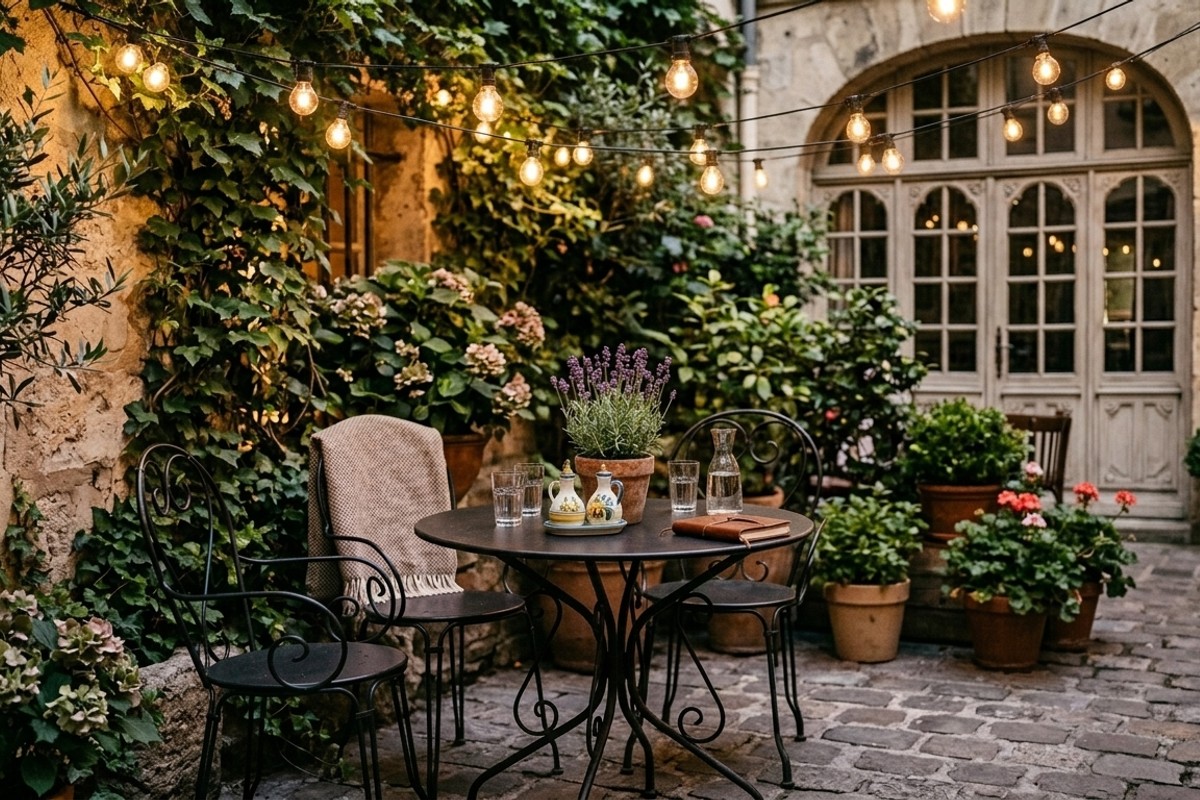 Bistro set with round wrought-iron table, slender chairs, Edison lights, and a potted lavender on a small patio.