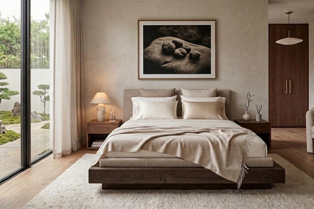 Modern luxe bedroom with cashmere throw, silk pillowcases, and elegant, uncluttered design.