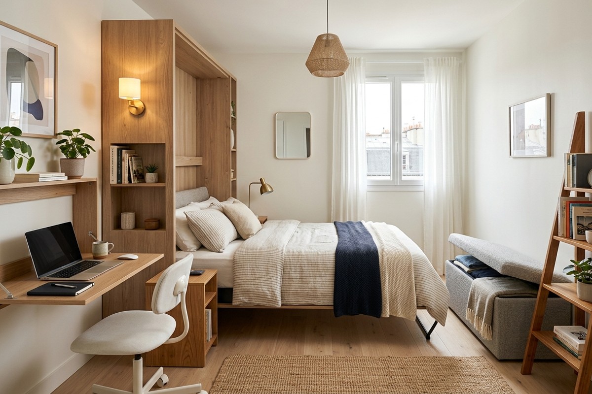 Multi-functional furniture in a small bedroom, featuring a storage ottoman or a space-saving fold-away desk.