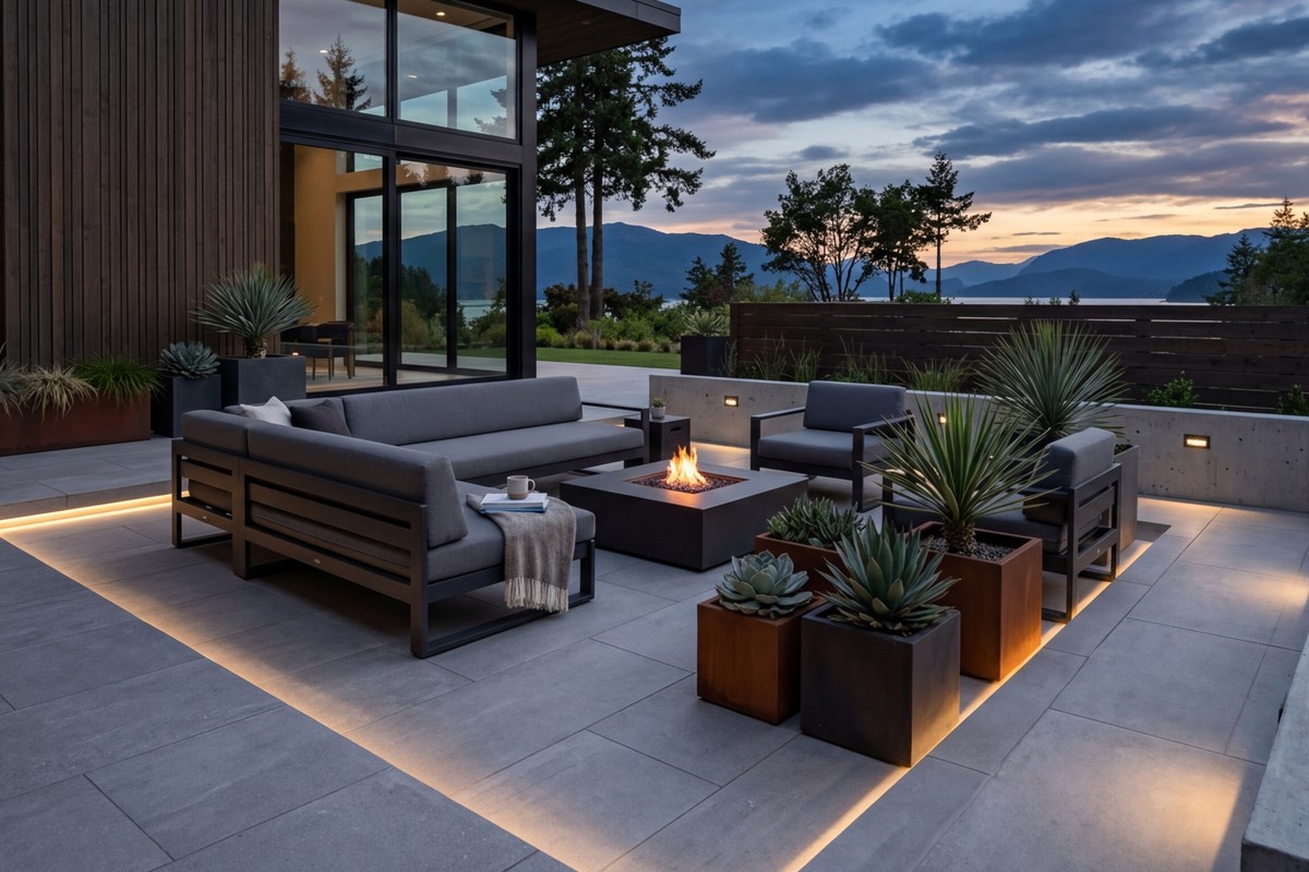 Modern minimalist patio with grey porcelain pavers, sleek outdoor furniture, geometric succulent planters, and LED strip lighting.