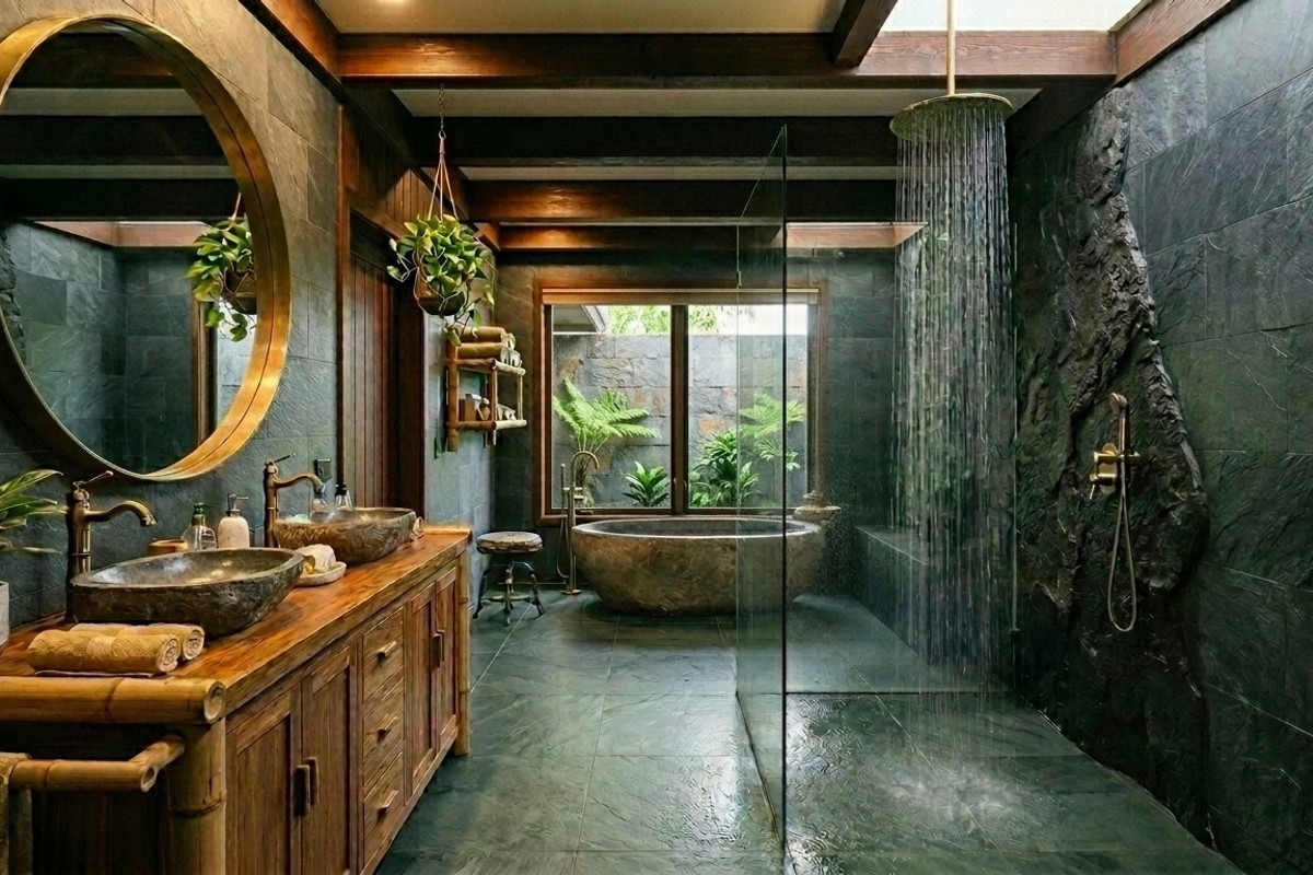 Tropical rainforest bathroom with teak vanity, deep green porcelain tiles, and a large rainfall showerhead.