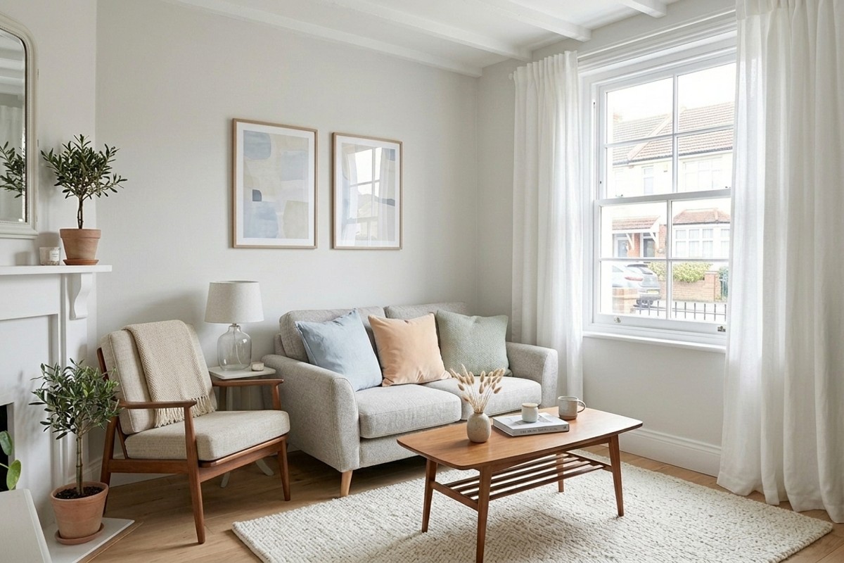 Bright small living room with white and soft gray walls, a plush wool rug, and linen curtains, creating an airy feel.