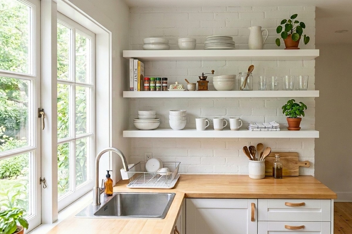 Small kitchen with open floating shelves made from crisp white laminate, displaying dishes and cookbooks for an airy, spacious feel.