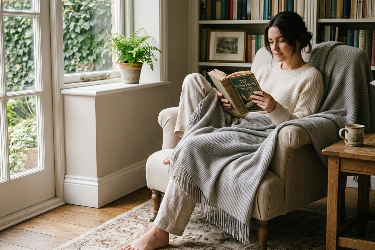 Dove grey cashmere throw with delicate fringe draped over an armchair.