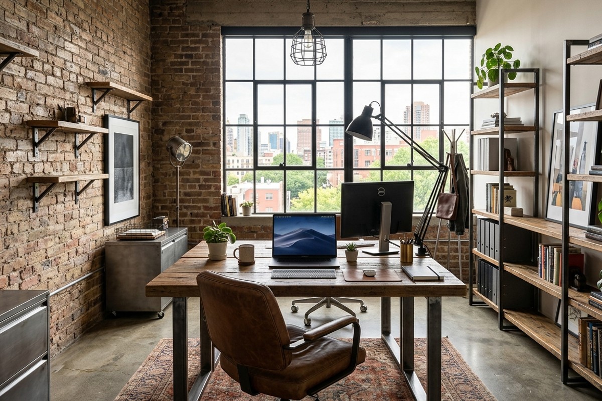 Industrial chic home office featuring exposed brick walls, concrete floor, reclaimed wood desk, and leather chair.