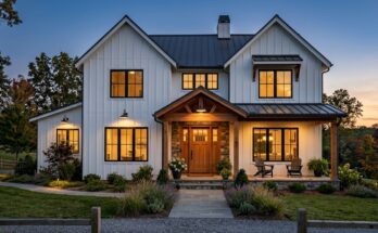 Modern farmhouse exterior with white board-and-batten, black windows, wood accents, and gooseneck barn lights.