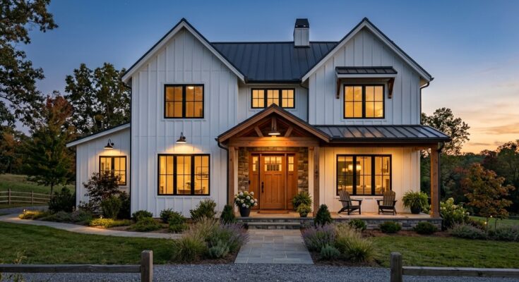 Modern farmhouse exterior with white board-and-batten, black windows, wood accents, and gooseneck barn lights.
