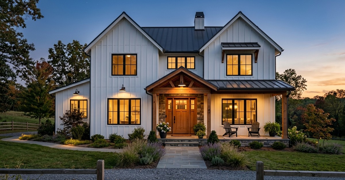 Modern farmhouse exterior with white board-and-batten, black windows, wood accents, and gooseneck barn lights.