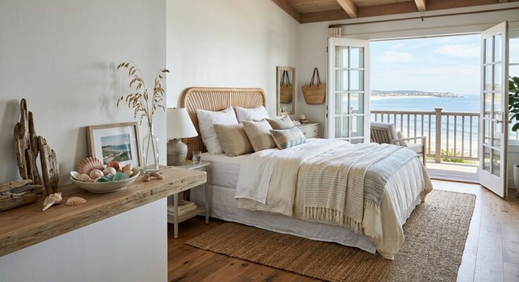 Coastal bedroom with a rattan headboard, jute rug, linen bedding, driftwood accents, and a shell collection on a shelf.