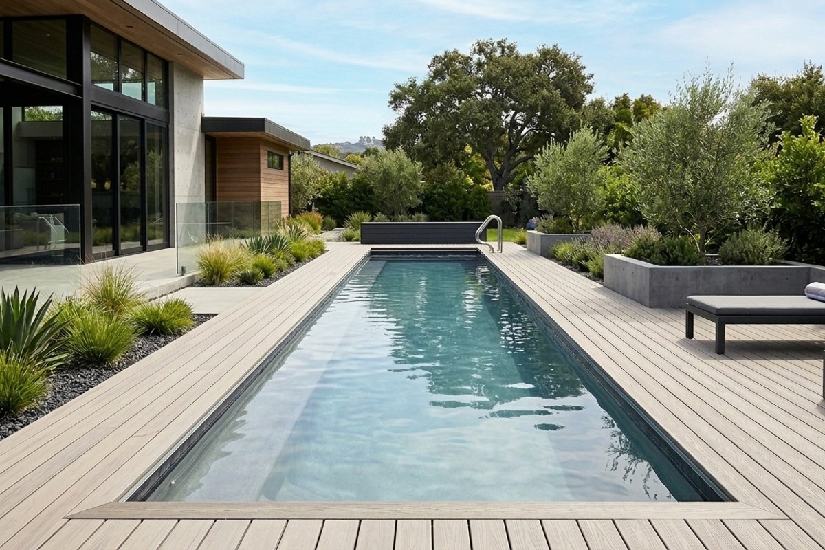 Narrow lap pool with light grey plaster and parallel decking for fitness in a small backyard.