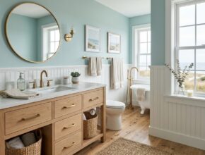 Coastal calm bathroom featuring soft blues and greens, white shiplap walls, and a light oak vanity.