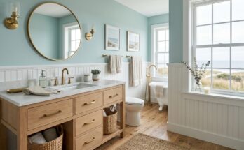 Coastal calm bathroom featuring soft blues and greens, white shiplap walls, and a light oak vanity.