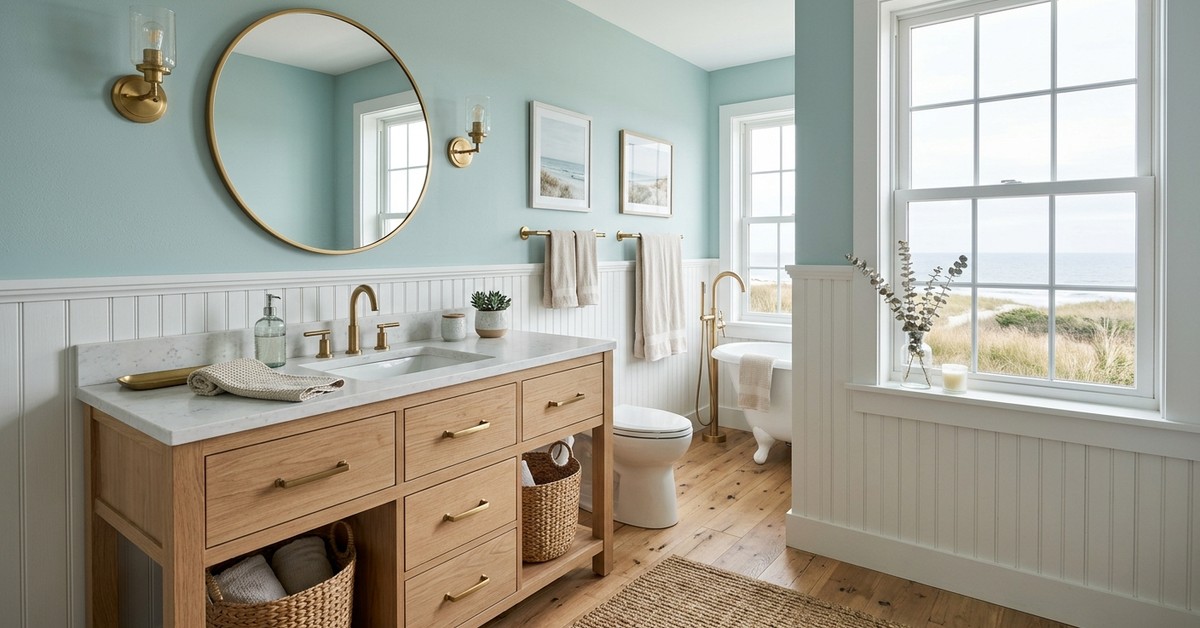 Coastal calm bathroom featuring soft blues and greens, white shiplap walls, and a light oak vanity.