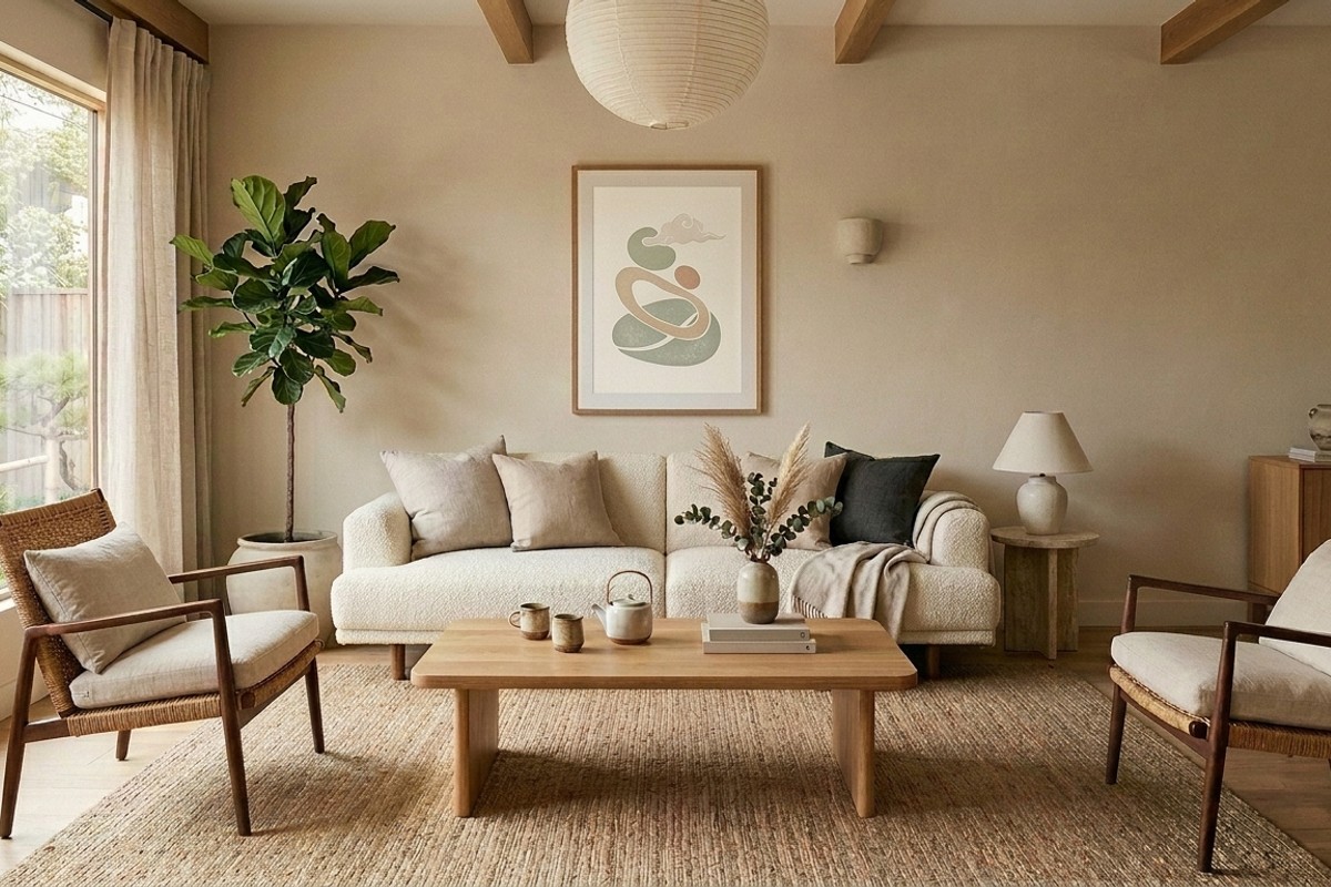 Modern Japandi living room with off-white boucle sofa, solid oak coffee table, beige walls, and woven rattan chairs.