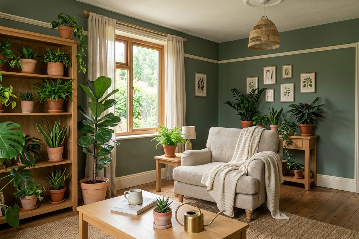 Verdant sanctuary living room with sage green walls, creamy off-white, natural wood, houseplants, and terracotta pottery.