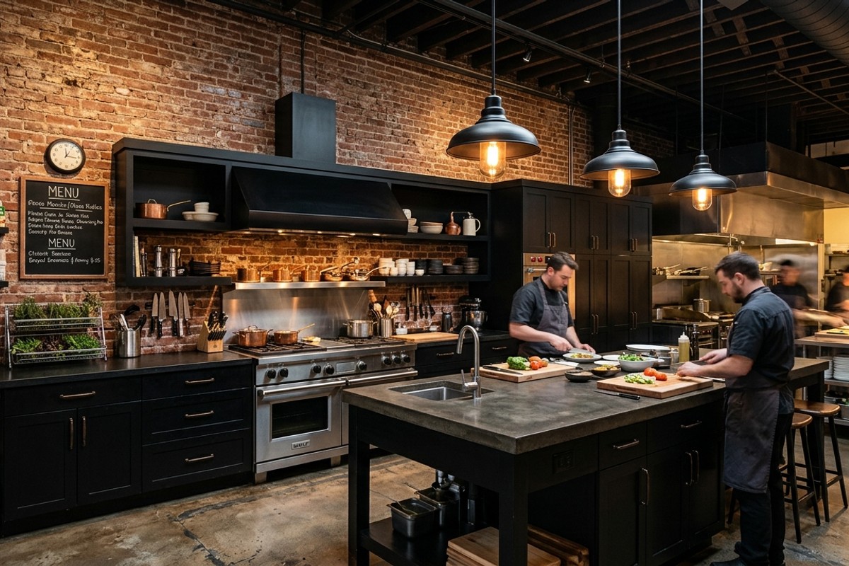 Kitchen with exposed brick wall, matte black cabinets, and black pendant lights.