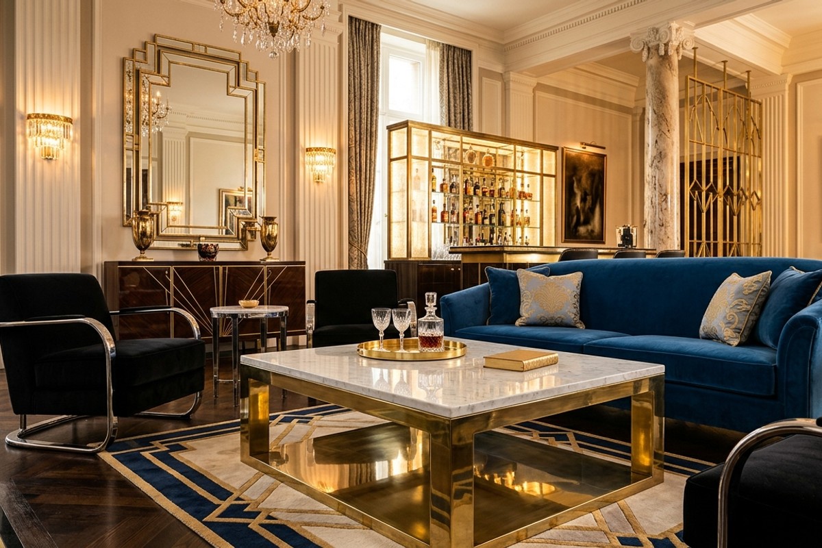 Art Deco coffee table with polished brass base and veined marble top.