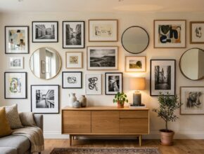 Eclectic gallery wall with various framed artwork, photographs, and mirrors hung with Command strips in a living room
