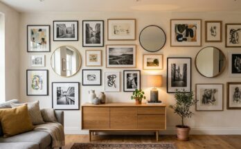Eclectic gallery wall with various framed artwork, photographs, and mirrors hung with Command strips in a living room