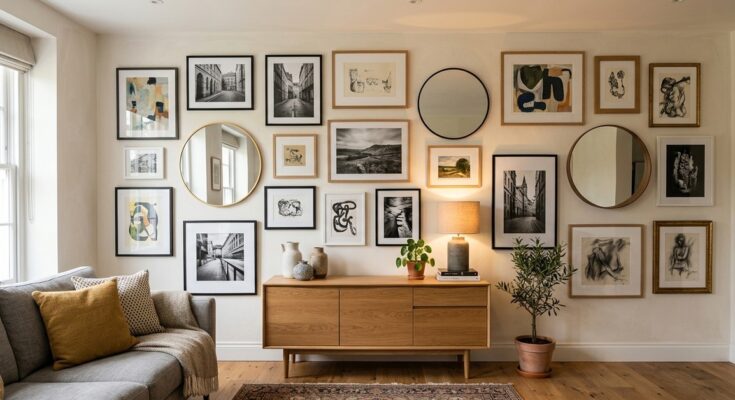 Eclectic gallery wall with various framed artwork, photographs, and mirrors hung with Command strips in a living room