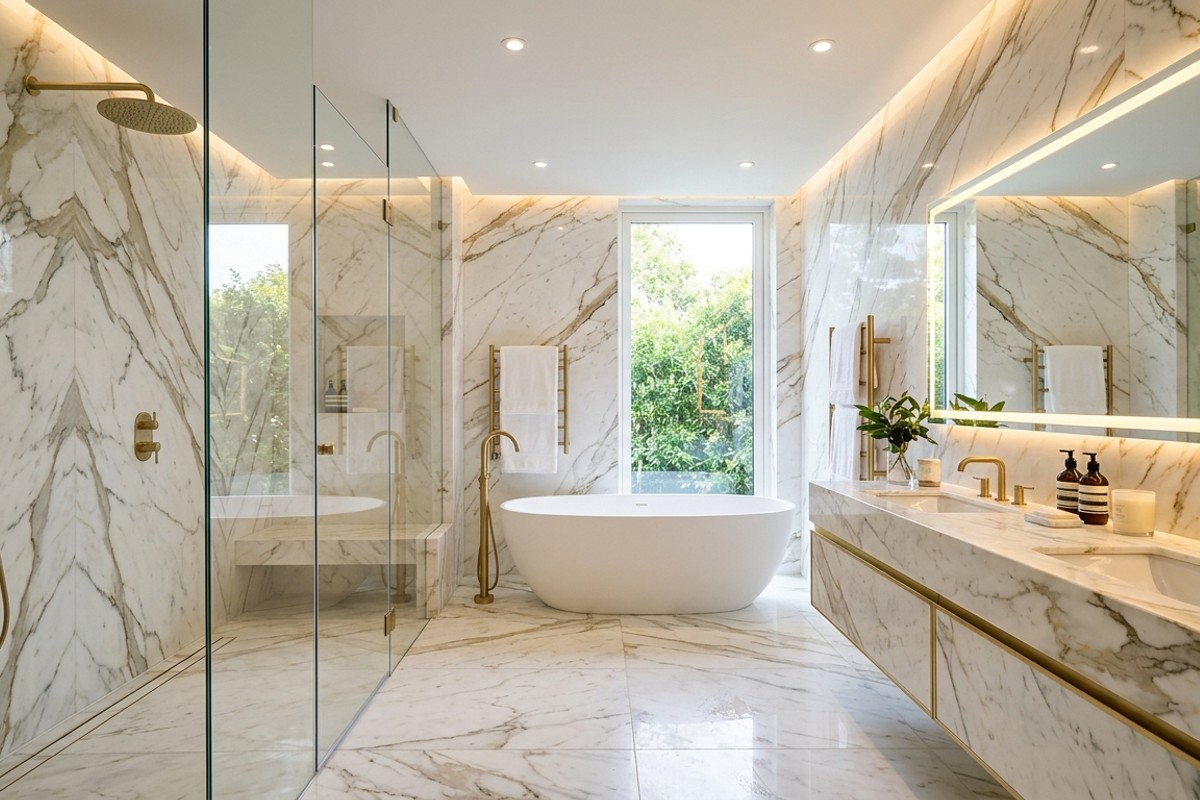Modern bathroom with expansive Calacatta Oro marble, brushed gold fixtures, and a glass walk-in shower