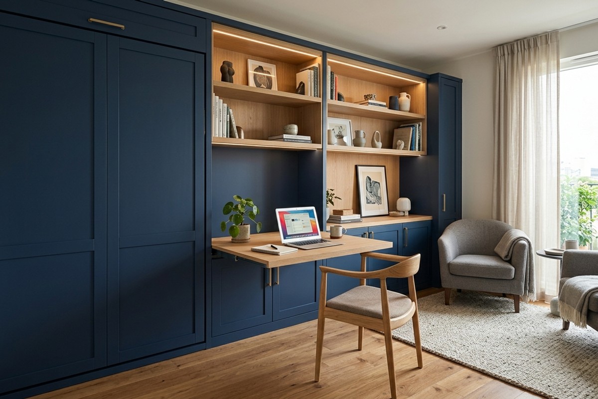 Murphy bed folded into wall cabinetry with shelves and a pull-out table.
