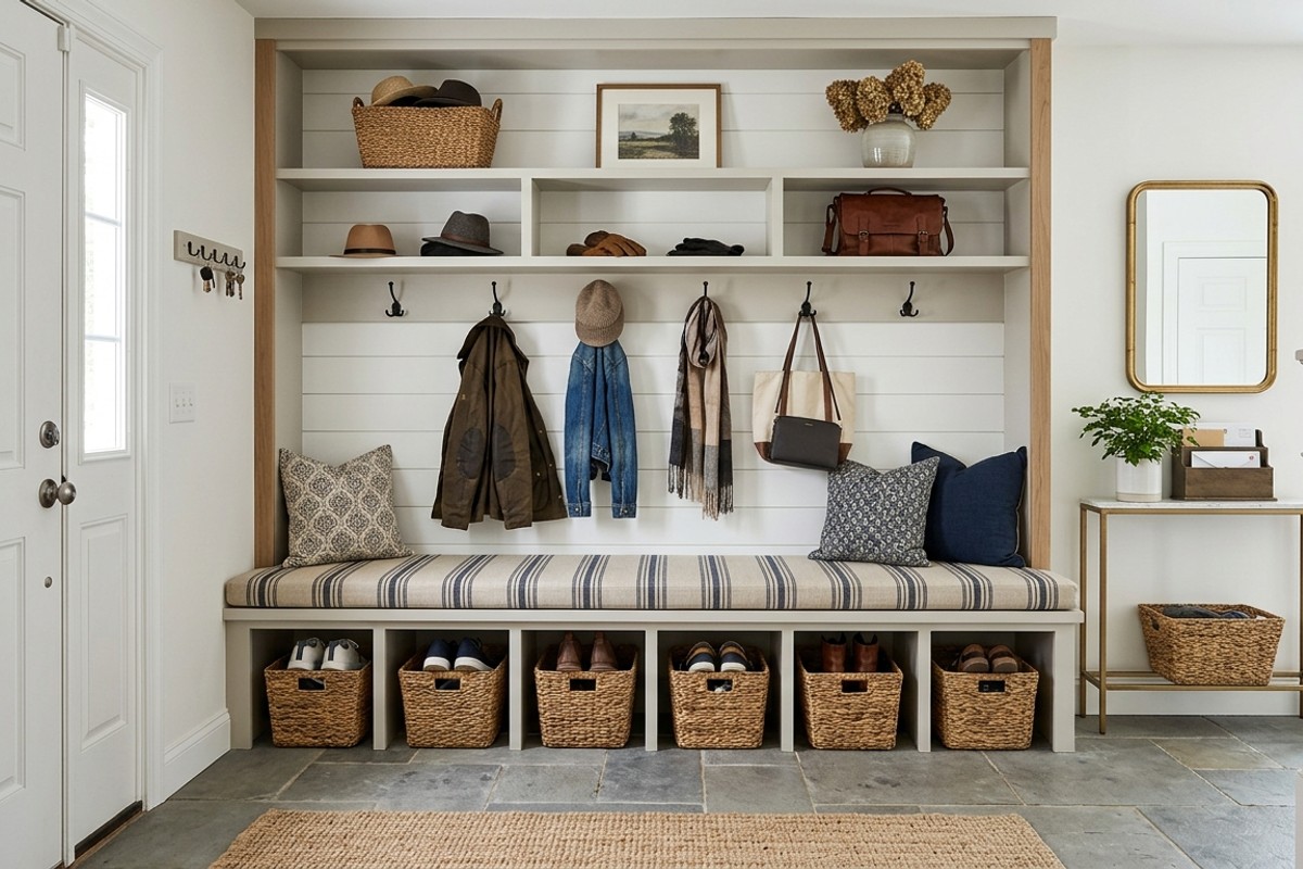 Painted MDF built-in entryway bench with cubbies, storage baskets, and hooks above.
