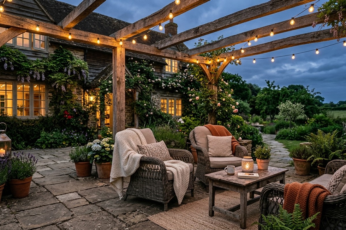 Rustic farmhouse patio with flagstone, distressed furniture, and string lights overhead.