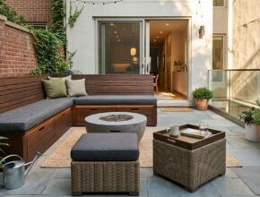 Small patio with built-in bench seating with storage and multi-functional ottomans.