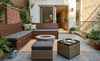 Small patio with built-in bench seating with storage and multi-functional ottomans.