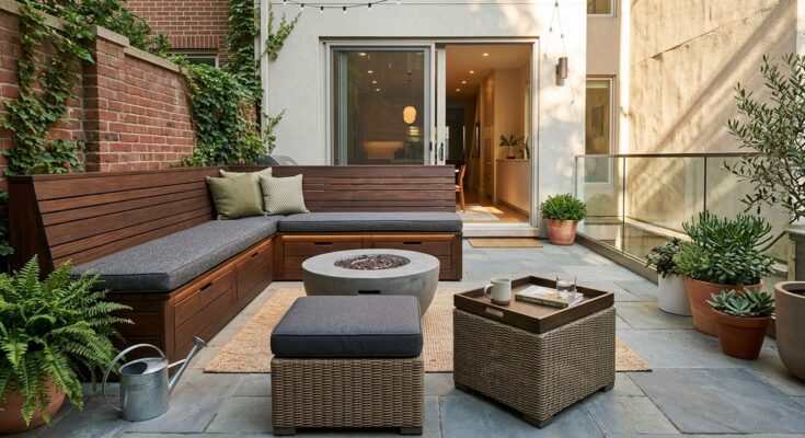 Small patio with built-in bench seating with storage and multi-functional ottomans.