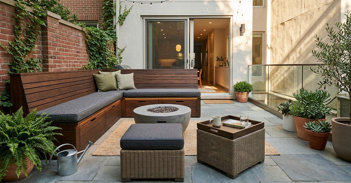Small patio with built-in bench seating with storage and multi-functional ottomans.
