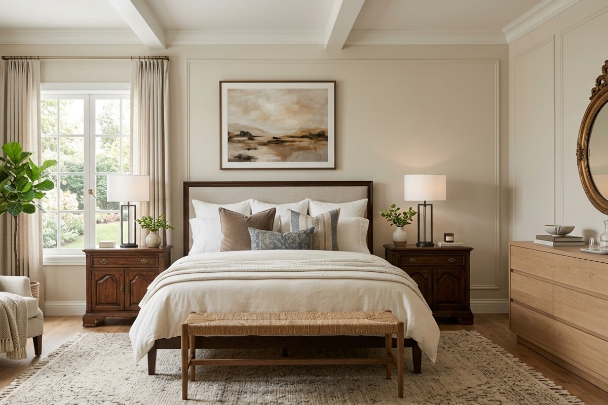 Transitional bedroom with antique nightstands, modern dresser, and vintage mirror.