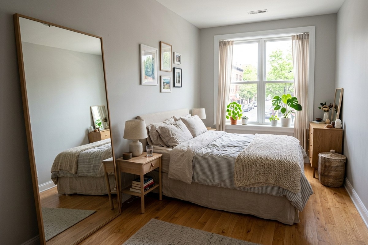 Small bedroom with a large floor-length mirror or mirrored closet doors reflecting light and making the room appear larger.