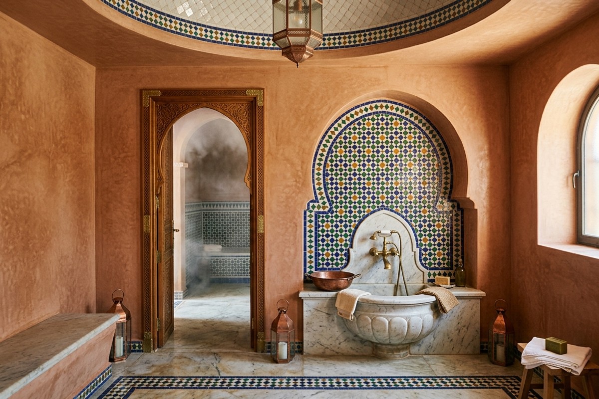 Mediterranean Hammam bathroom with warm terracotta Tadelakt walls, ornate Zellige tiles, brass fixtures, and arched doorways.