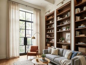 Small living room with tall bookcases, floating shelves, and floor-to-ceiling drapery, maximizing vertical space.