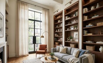 Small living room with tall bookcases, floating shelves, and floor-to-ceiling drapery, maximizing vertical space.