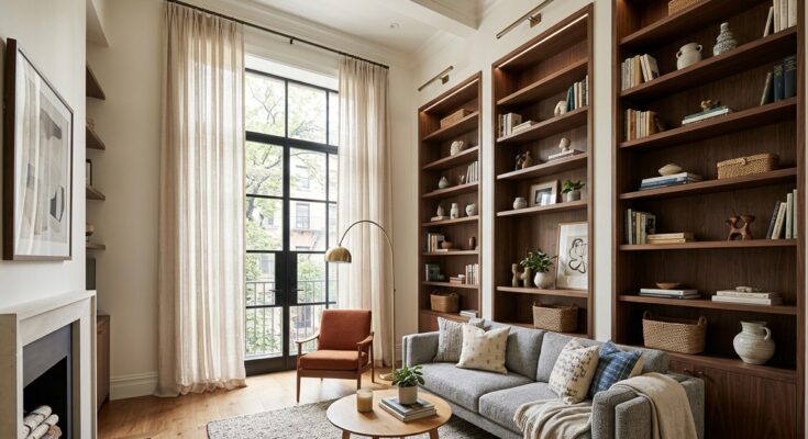 Small living room with tall bookcases, floating shelves, and floor-to-ceiling drapery, maximizing vertical space.