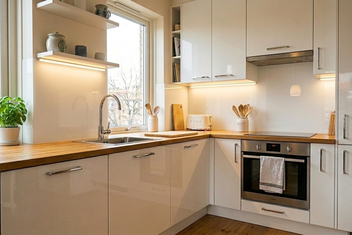 Small kitchen with a mirrored backsplash and high-gloss arctic white cabinets, reflecting light to create a larger, brighter appearance.