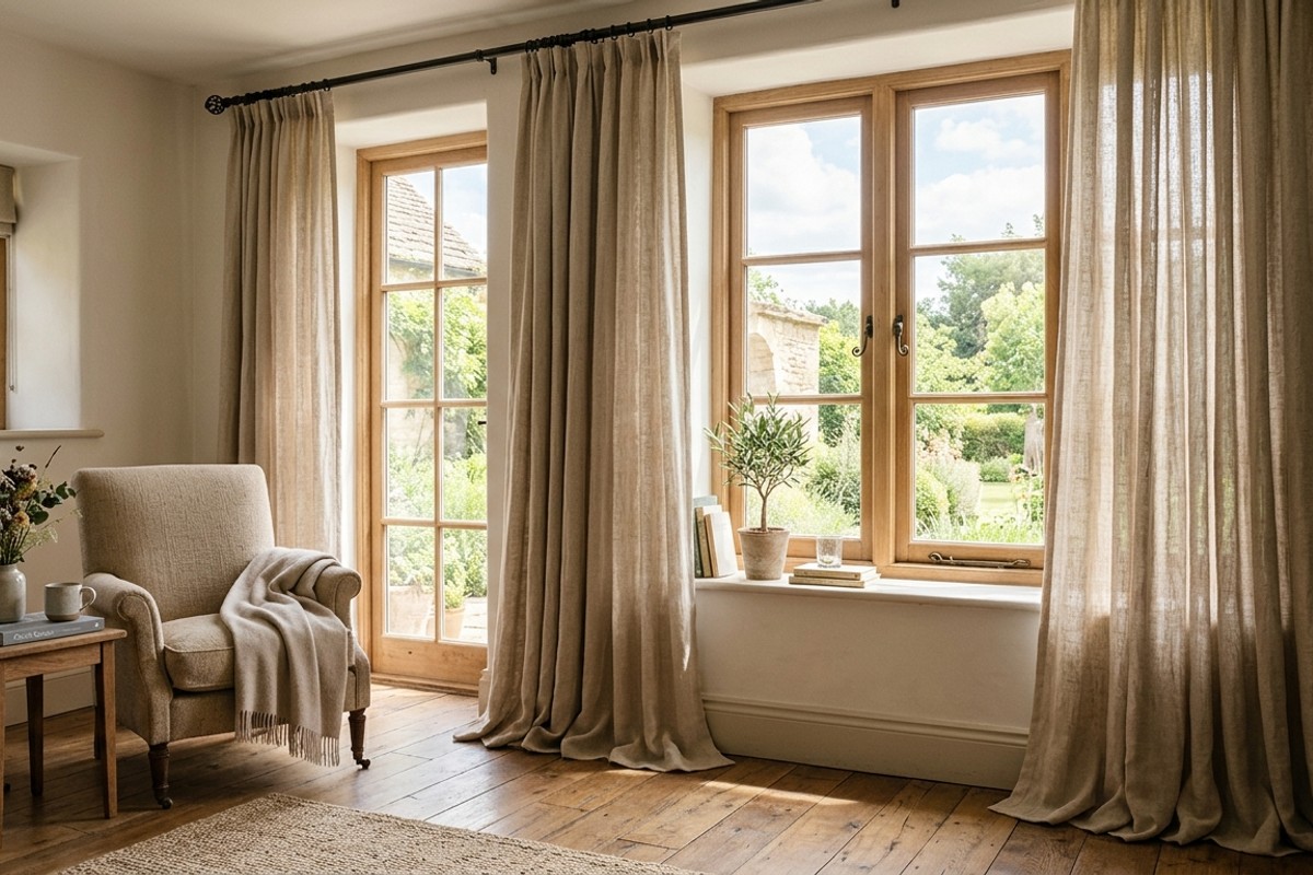 Flowing Belgian linen drapes creating soft, diffused light in a room.