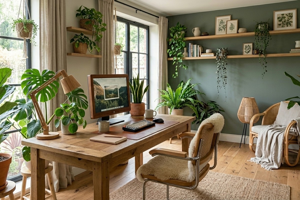 Biophilic home office with lush plants, solid oak desk, and Evergreen Fog accent wall.