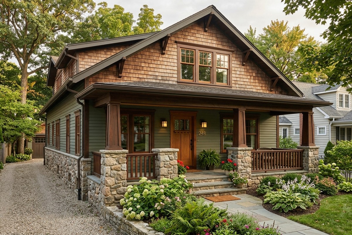 Craftsman bungalow facade with rough-hewn stone, cedar shingles, sage green siding, and multipane windows.