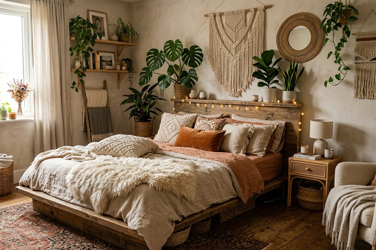 Earthy bohemian bedroom with a low-slung bed, faux fur throw, embroidered pillows, macrame wall hangings, woven baskets, and leafy plants.