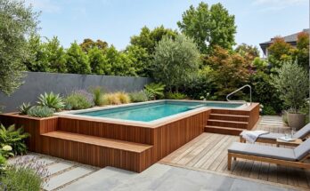 Elevated L-shaped corner pool with wood-clad walls serving as seating in a compact backyard.