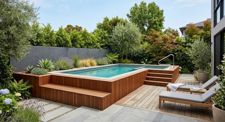 Elevated L-shaped corner pool with wood-clad walls serving as seating in a compact backyard.
