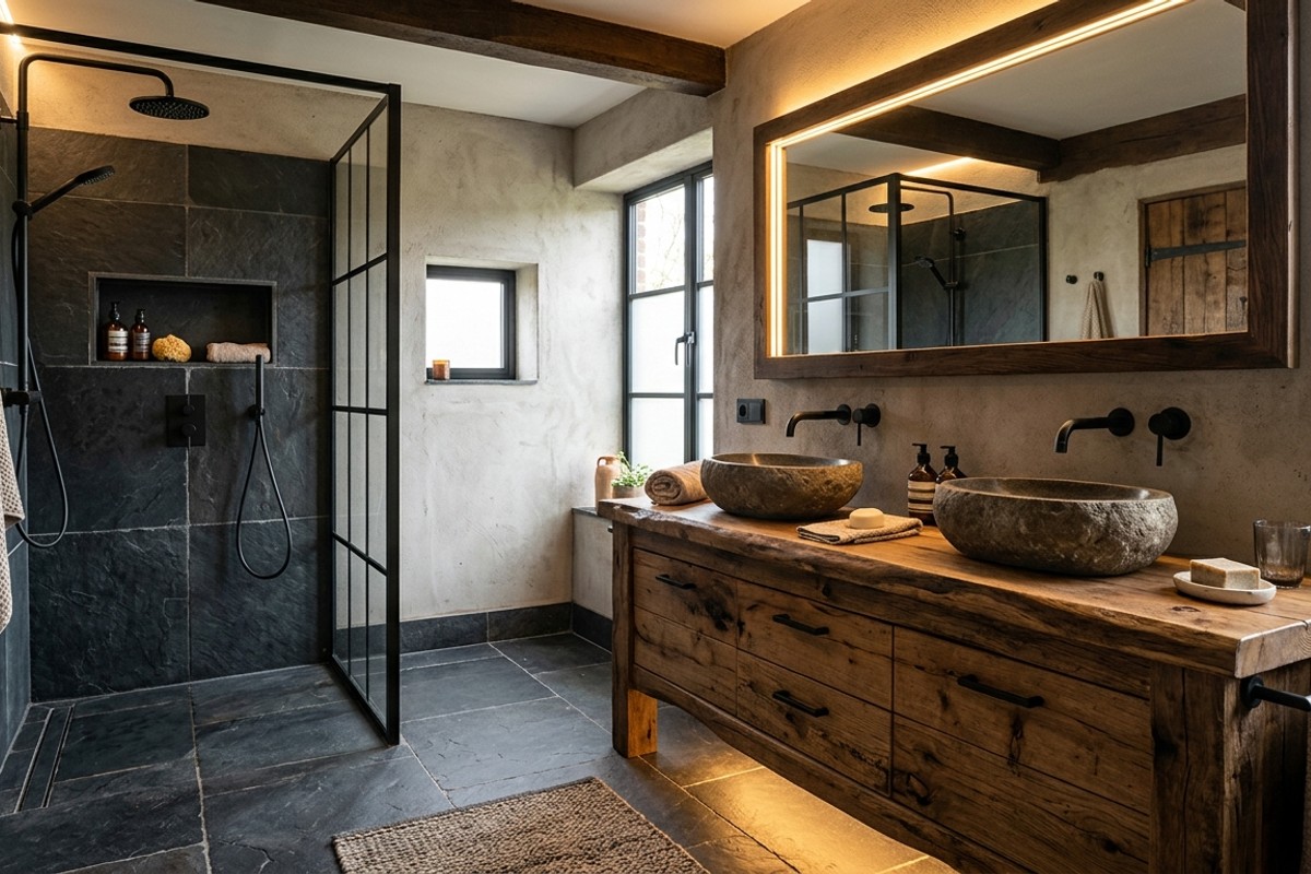 Rustic modern bathroom with a reclaimed wood vanity, dark slate floor tiles, and matte black fixtures.